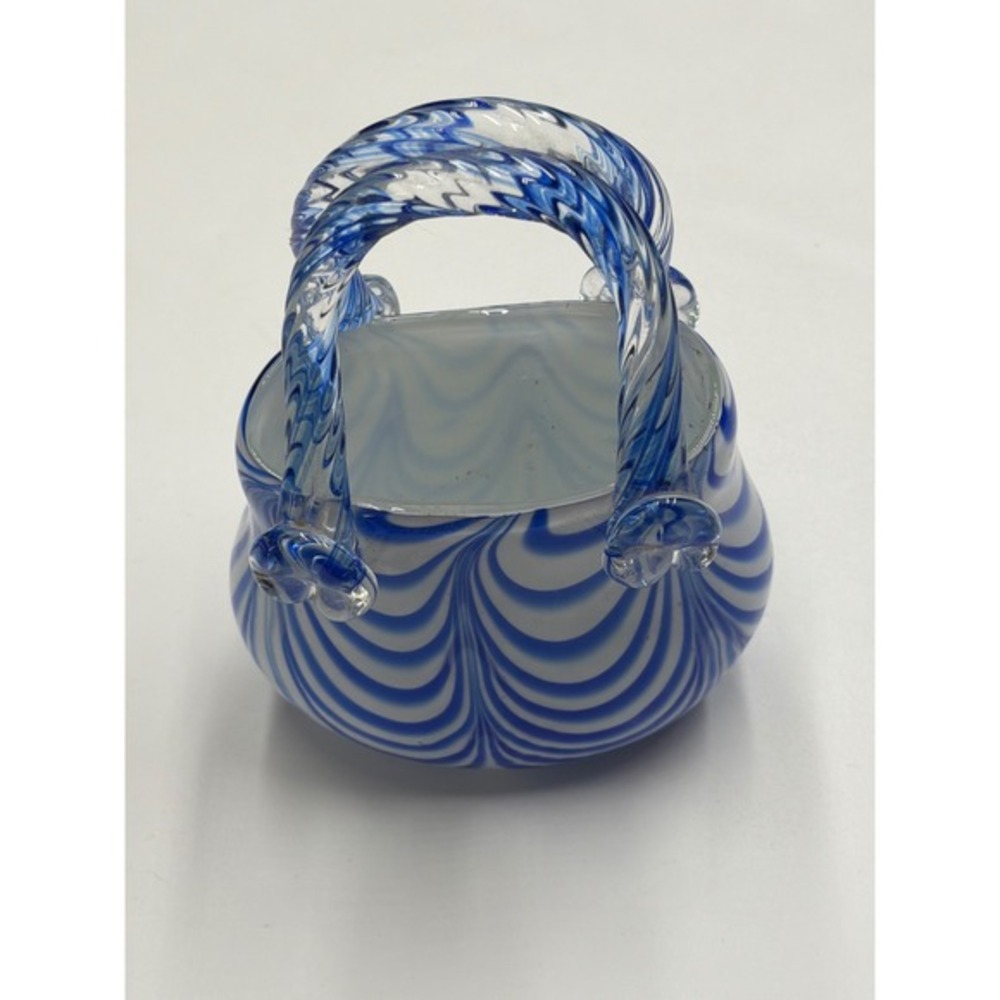 Art Glass Handbag Purse Blue White Swirl Twisted Handle Decorative Accent